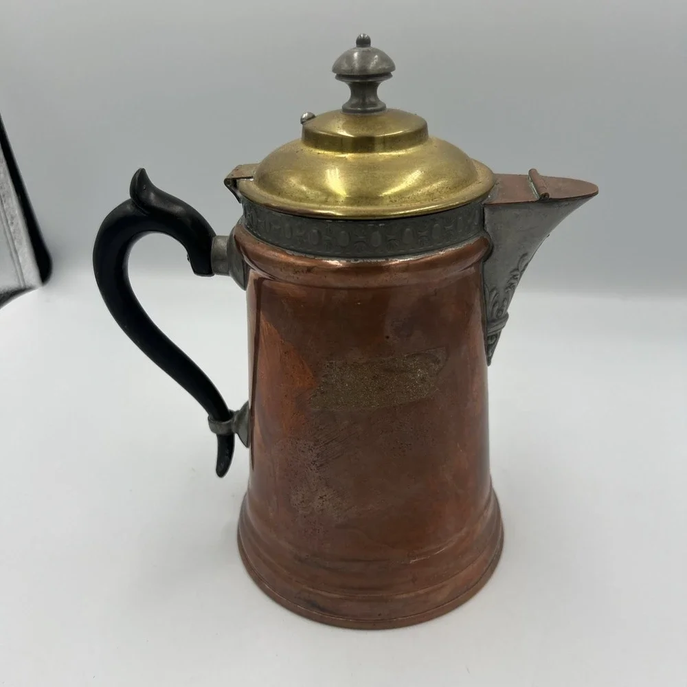 Vintage Copper And Brass‎ Revere Ware Tea Kettle Wood Handle Double Circle